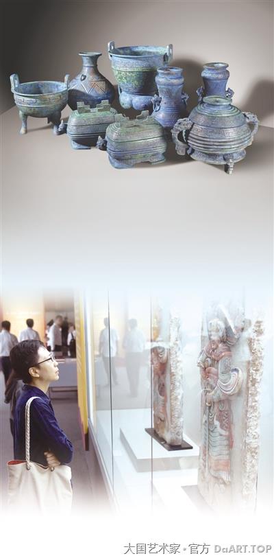 图为“回归之路——新中国成立70周年流失文物回归成果展”展出的青铜组器及观展现场